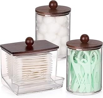 Tbestmax Qtips Holder Dispenser, 10 Cotton Ball/Swabs Storage Containers, Apothecary Jars for Bathroom Organizer Bambooo Lids