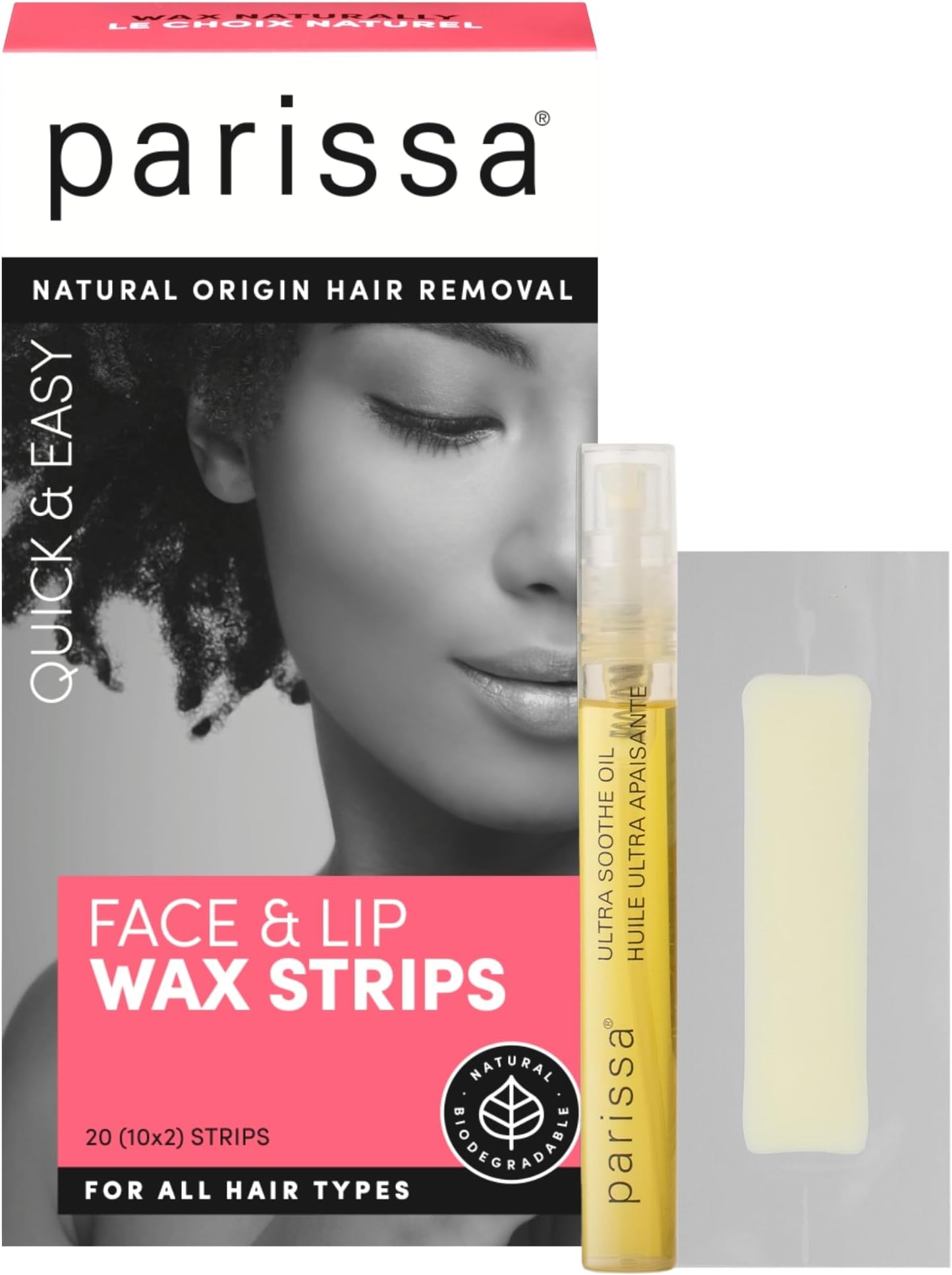 Face & Lip 20 Biodegradable Wax Strips Kit for At-Home Hair Removal with Ready-to-Use Small Wax Strips for All Hair Types