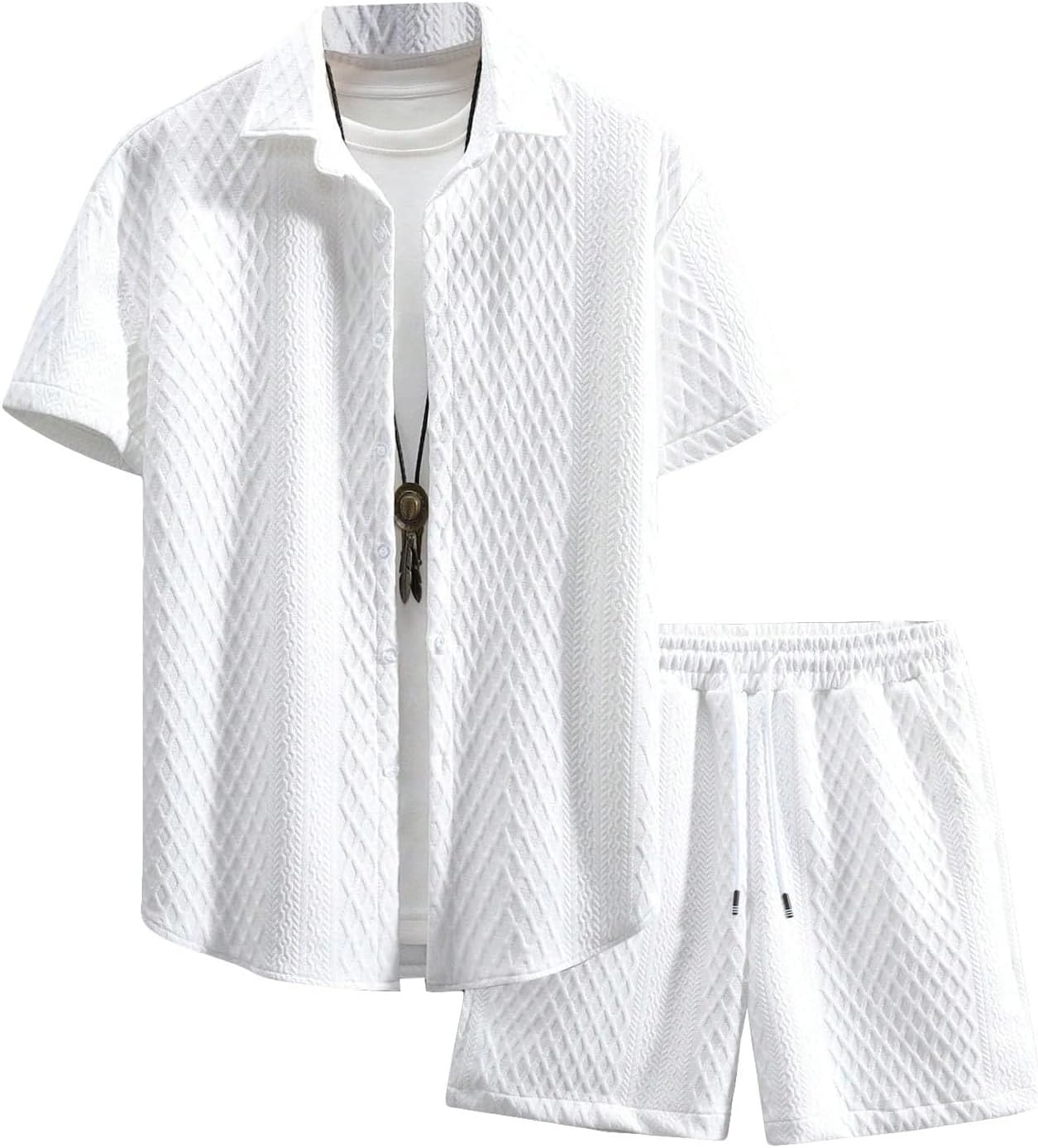 Wyeysyt Mens Summer Outfits 2 Piece Waffle Button Down Beach Vacation Shirt Top and Shorts Set