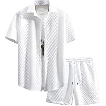 Wyeysyt Mens Summer Outfits 2 Piece Waffle Button Down Beach Vacation Shirt Top and Shorts Set
