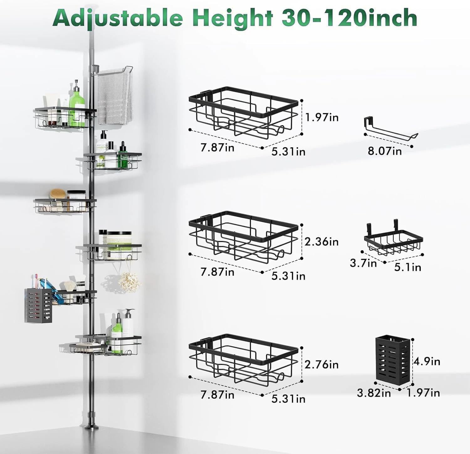 Shower Caddy Corner Organizer Tension Pole Adjustable 30-120 Inches Corner Shelf with Towel Rack, Toothbrush Holder, Soap Dish for Bathroom Organizers and Storage