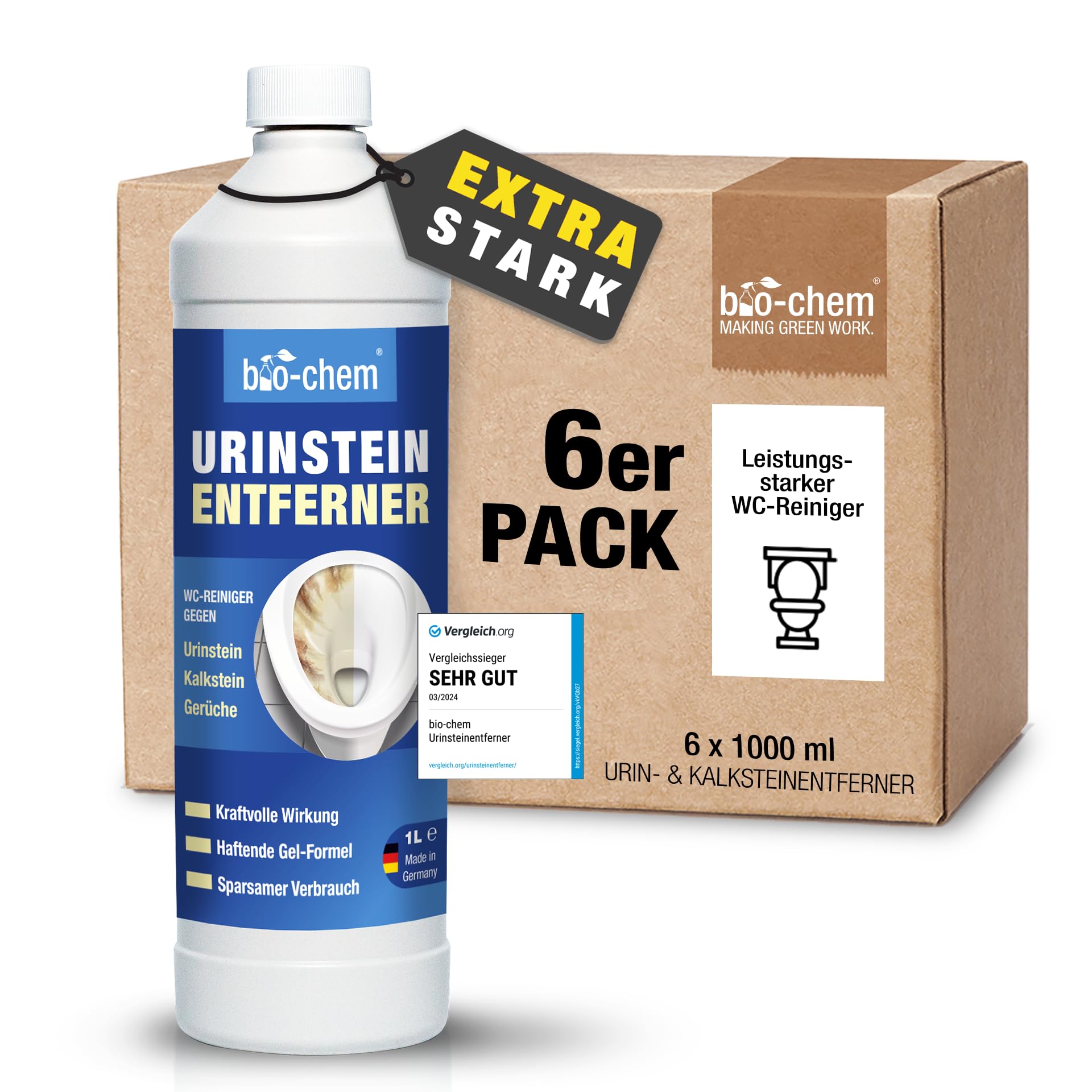 bio-chem Urinsteinentferner EXTRA STARK - 6x 1000 ML - Extrem kraftvoller & hochkonzentrierter Profi WC-Reiniger - Entfernt mühelos hartnäckigste Ablagerungen und Gerüche - Made in Germany