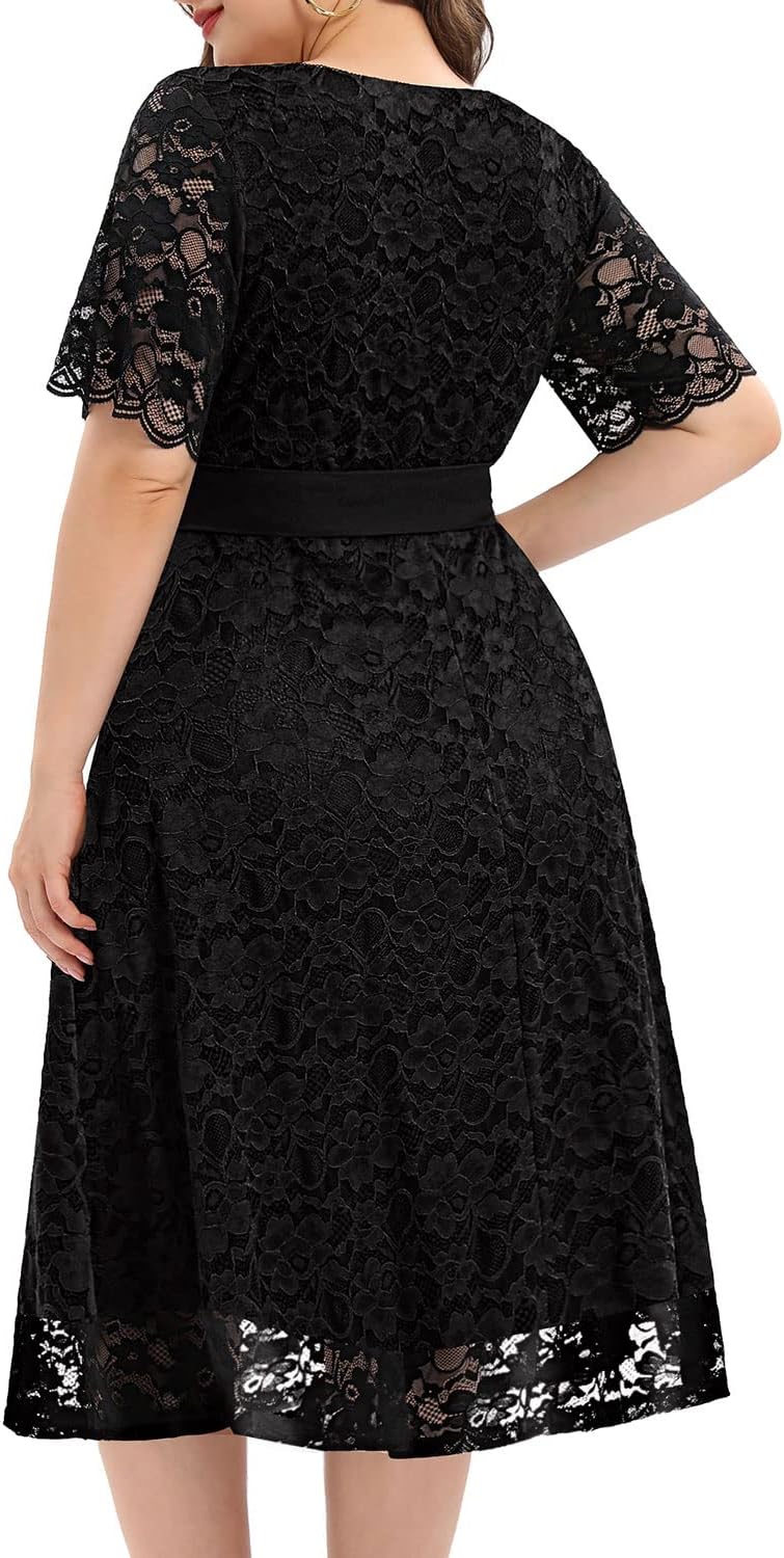 Women Plus Size Lace Bridal Shower Wedding Guest Cocktail Semi Formal V Neck Short Sleeve Midi Dresses - Image 3