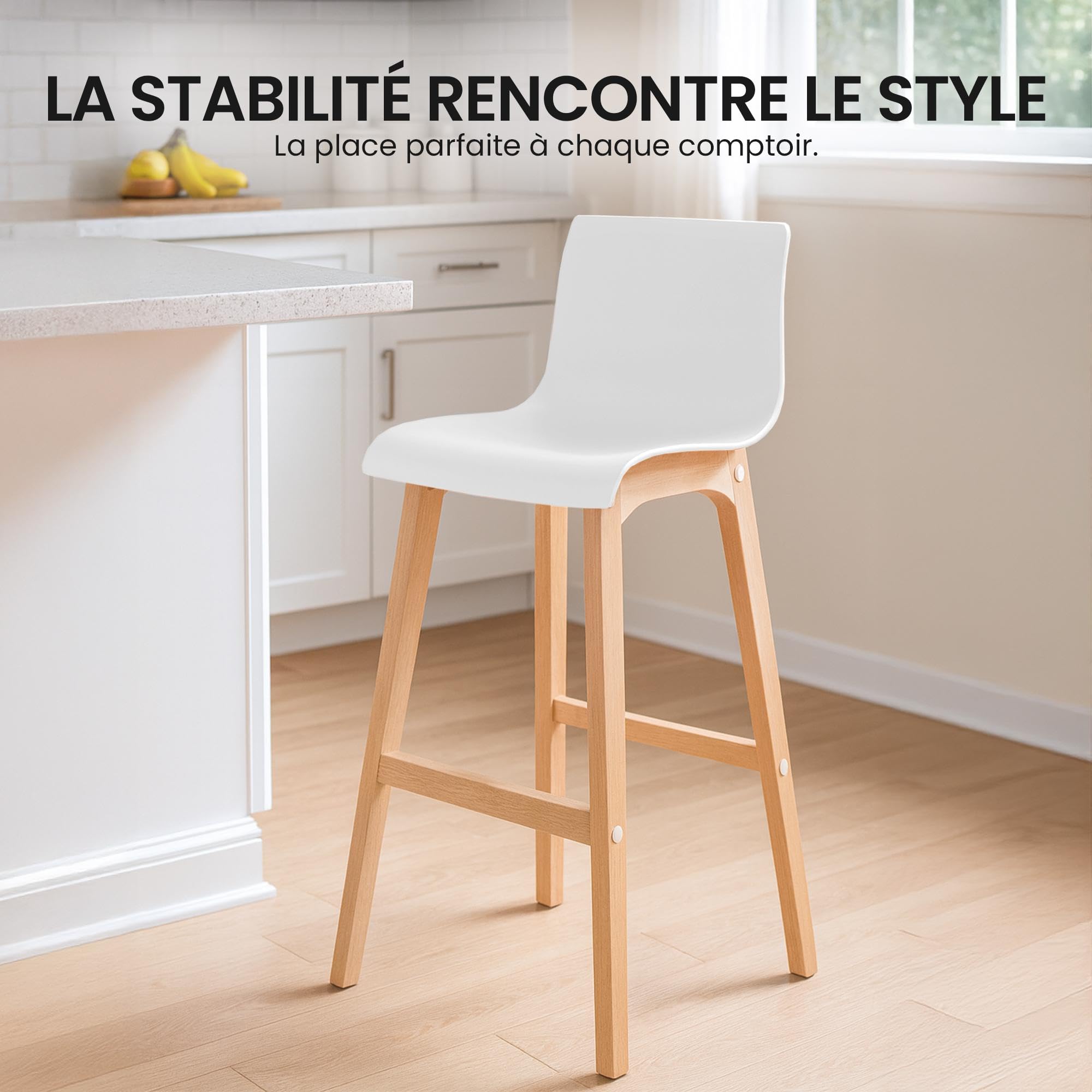 CLP Lot de 2 Tabourets de Bar avec dossiers Hover, sièges en Plastique, piètements en hêtre Stable | Couleur Blanc