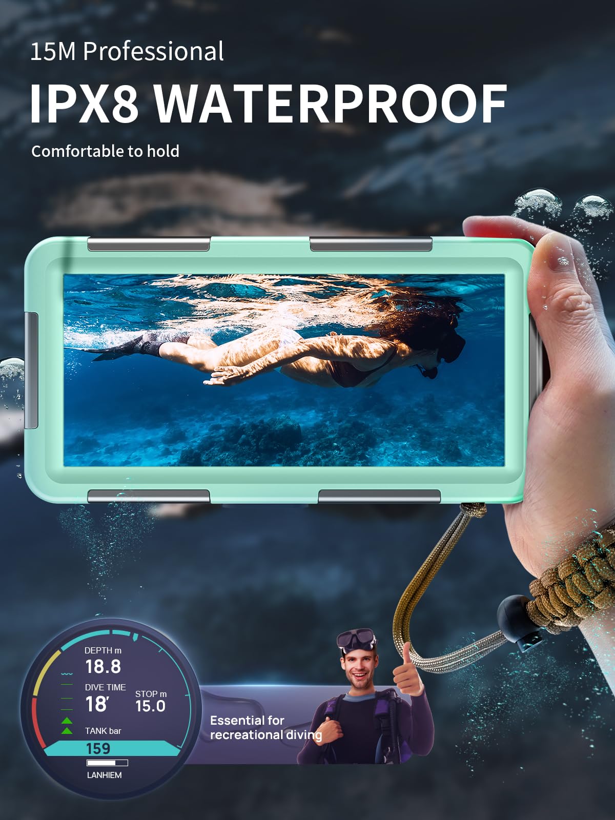 Lanhiem Wodoodporna torba 15 m [uniwersalna] Etui na telefon IPX8 Scuba Etui do iPhone Samsung Galaxy Huawei XiaoMi RedMi Oppo Vivo i Smartphone 4,7-6,8'' Podwodne etui - Teal White