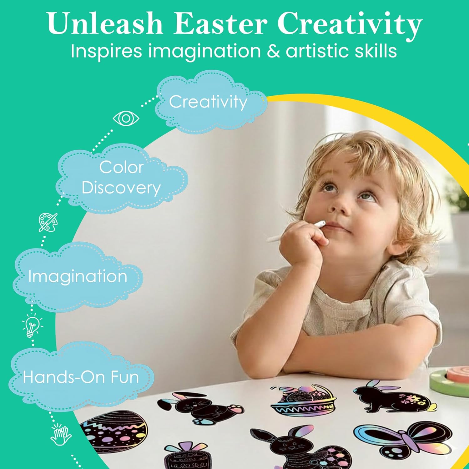 Iconikal 48-Count Easter Scratch Paper Ornaments, Art & Craft Bulk Pack with 24 Sticks Pastel Colored Underlayer