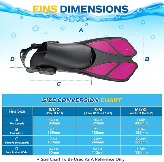 Snorkel Fins Diving Fins Adjustable Buckles Open Heel Swim Flippers Travel Size Short Swim Fins for Snorkeling Swimming Adult Men Womens