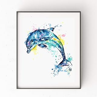 Dolphin Wall Art by Whitehouse Art | Dolphin Jumping Out Of the Water, Dolphin Painting, Bathroom Wall Decor | Professional Art Print of a Dolphin Original Watercolor Painting | 5 Sizes