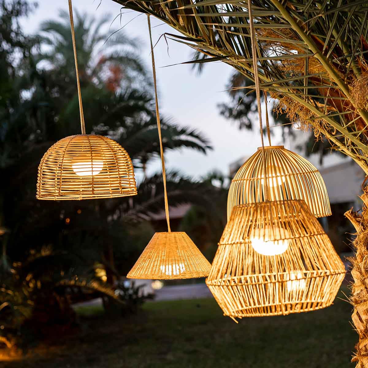 REONA-Suspension d'extérieur LED Rotin 3 intensités rechargeable Ø43.5cm naturel New Garden