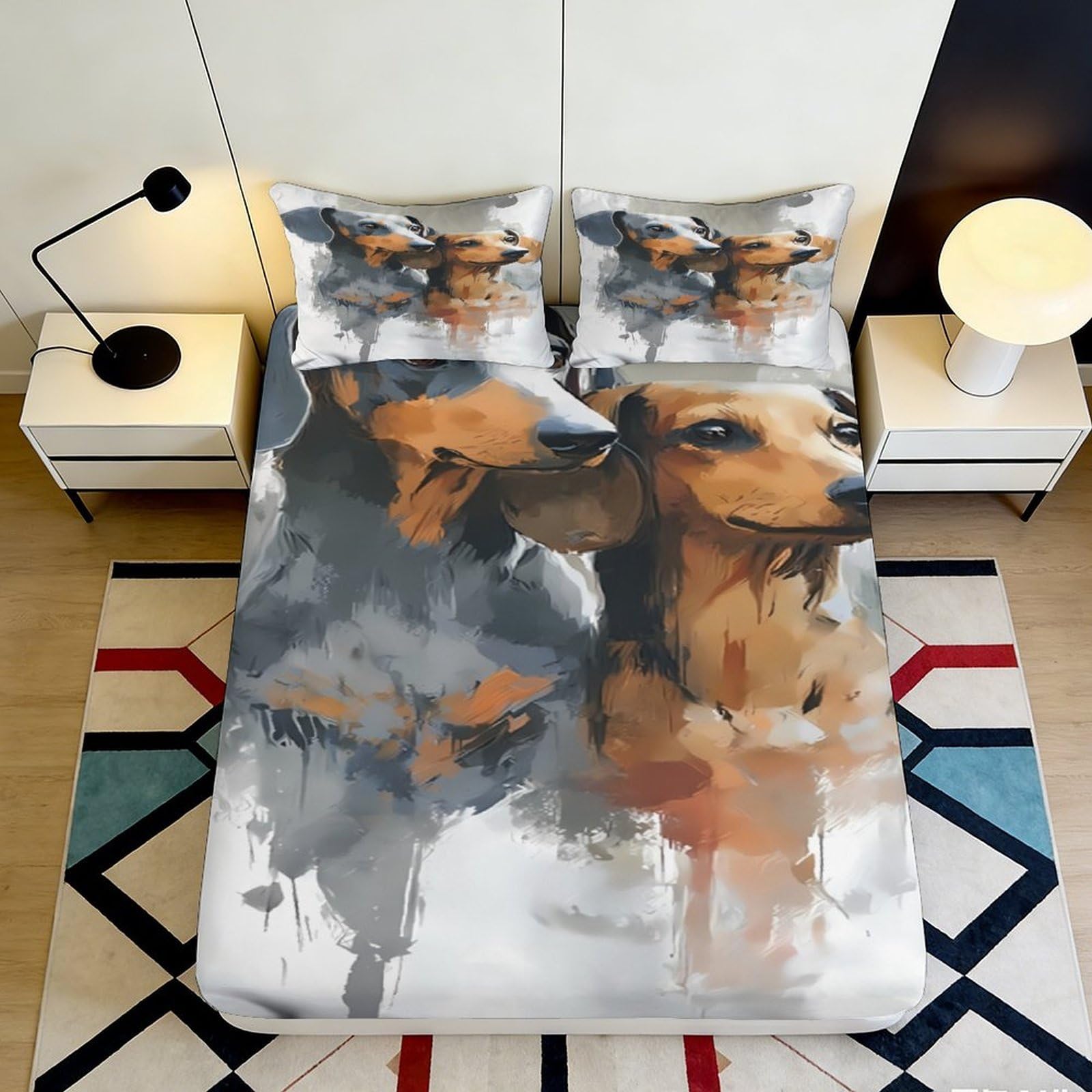 3D Printed Watercolor Dachshund Fitted Sheet Microfiber Soft Breathable Abstract Dog Mattress Cover for Bedroom Decor 90x200x25cm