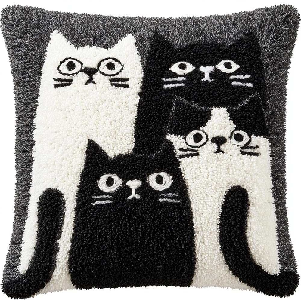 FWRTYCB Latch Hook Kits for Adults Beginners Black and White Cats Grey Pil