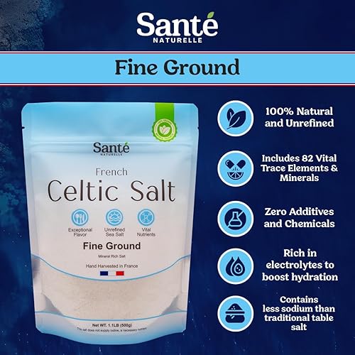 Vista 3 de Sante Naturelle Sal Marina Celta de Molienda Fina - 1.1lb (18oz) Sal Marina Francesa Sin Refinar Orgánica, Rica en 82+ Minerales, 100% Natural