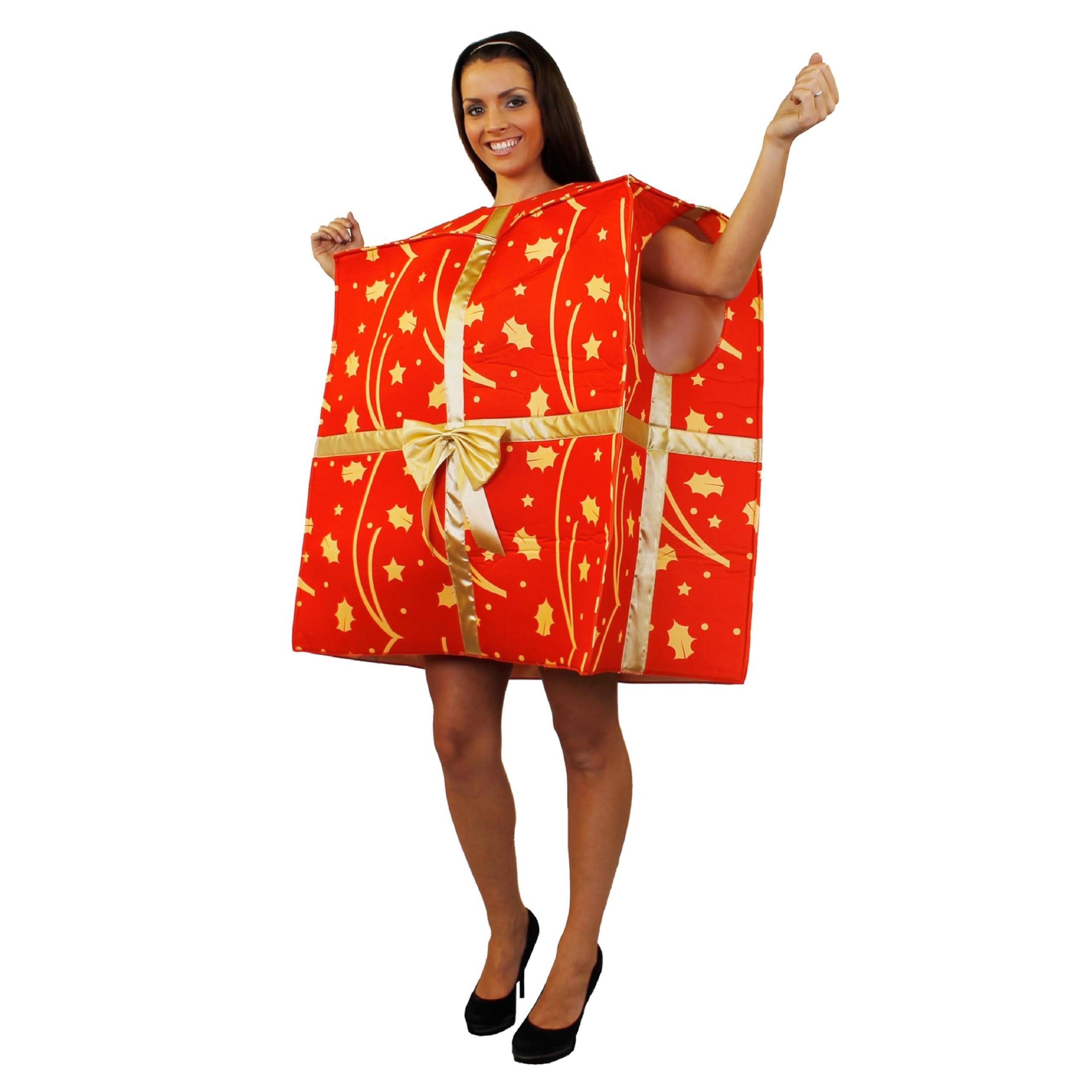 Christmas Costume With Gold Ribbon and Holly Decorations - Novelty Unisex Festive Costume Present Costume Perfect for Christmas Fancy Dress (One Size)