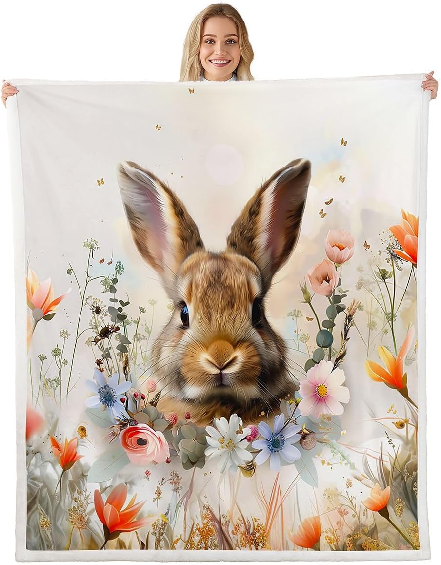 Erosebridal Happy Easter Bunny Throw Blanket, Vintage Rabbit Sherpa Blanket 40"X50" for Kids Boys Girls, Cute Animal Spring Flowers Fleece Blanket Floral Bunny Fuzzy Blanket for Bedroom Sofa Couch