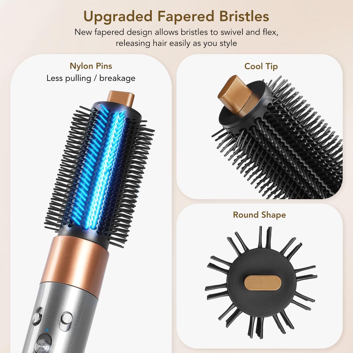 Round Volumizing Brush Attachment for Dyson Airwrap HS01 HS05 HS08, Round Brush Accessories with Upgraded Bristles for Fast Dry Straighten Big Curls Add Volume Copper 2.4Inch