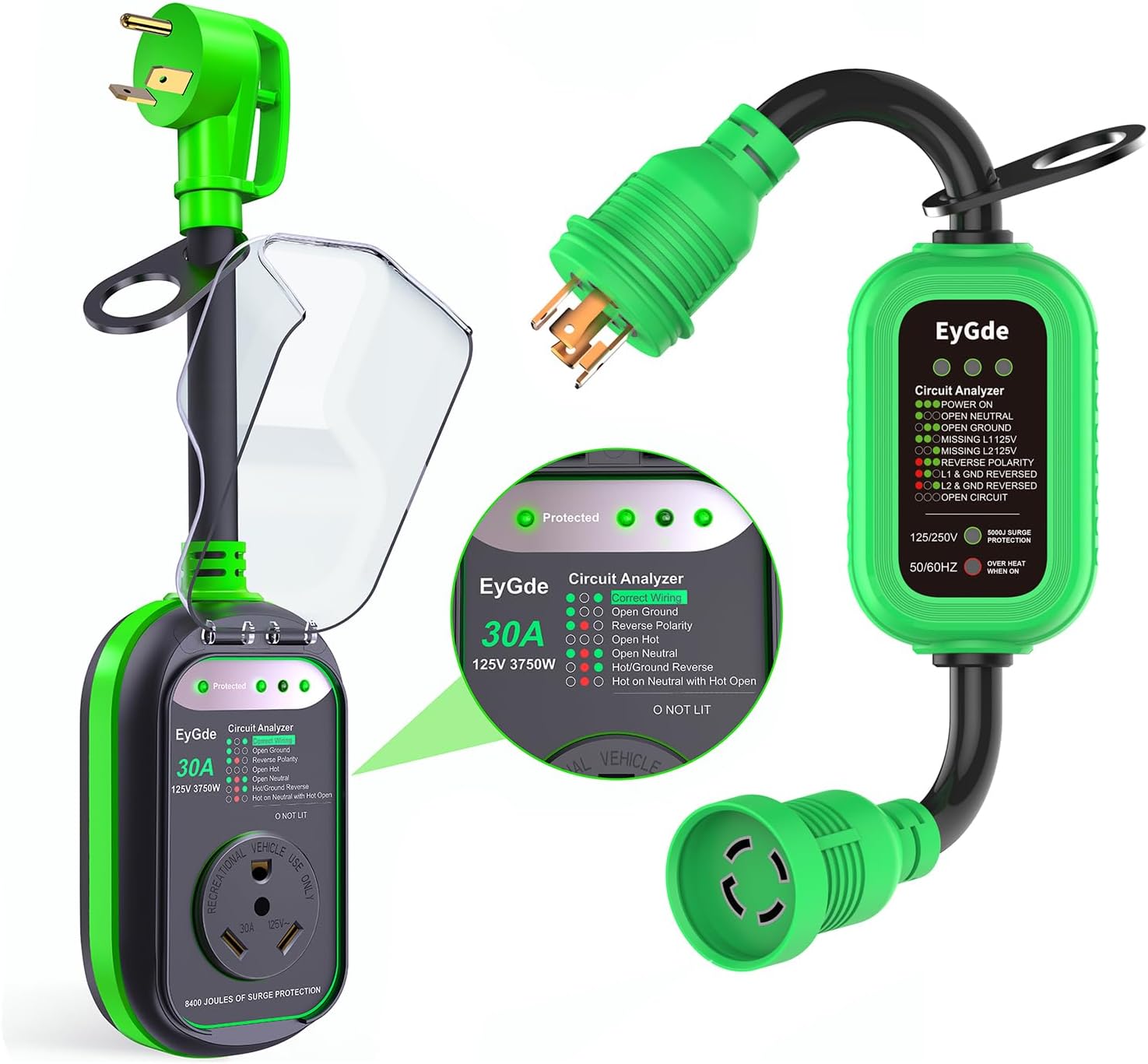 EyGde RV Surge Protector 30 Amp Waterproof Upgraded 8400 Joules Surge Protector for 30Amp Plug+EyGde 4 Prong 30Amp to 30 Amp Twist Lock Adapter, RV/Generator NEMA L14-30P to L14-30R