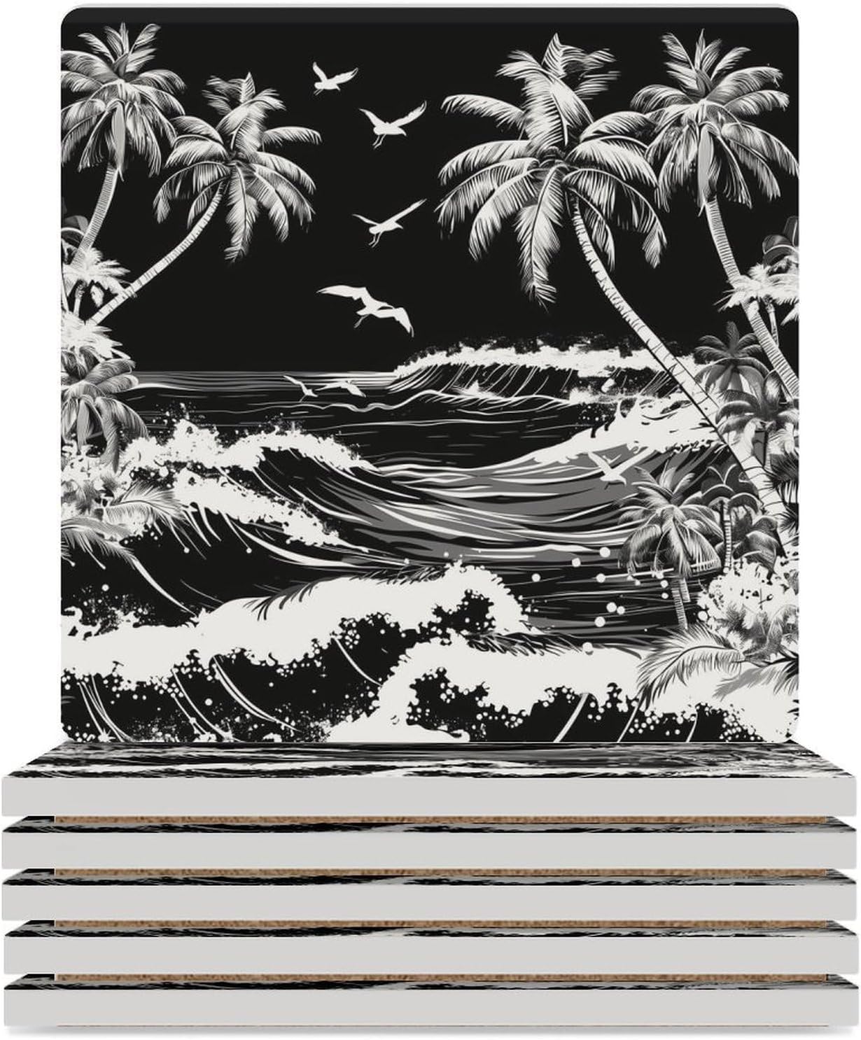 Palm Tree Black Coaster for Drinks Square Ceramic Table Coasters Stone Mat Crafts 4PCS Home Kitchen Decor