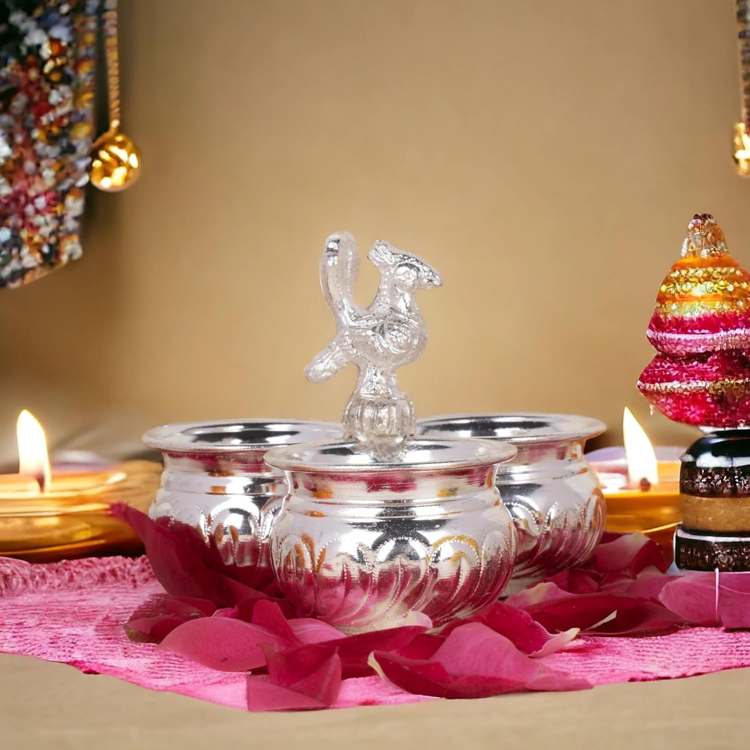 Traditional Indian Kumkum & Chandan Holder – German Silver 3-Cup Pooja Container with Peacock Handle for Hindu Prayer, Home Temple & Festive Decor K2569