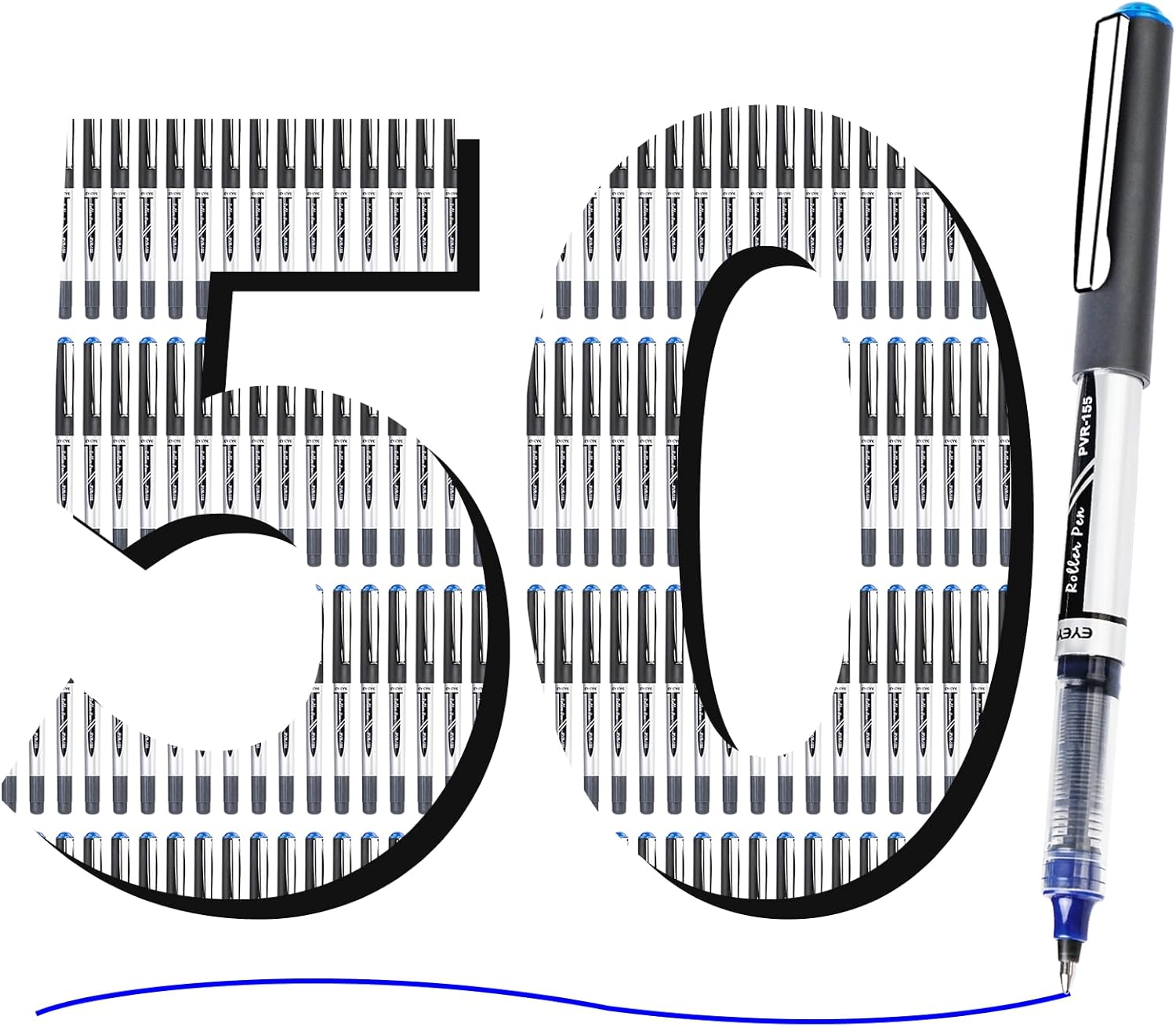 EYEYE 0.7mm Liquid Ink Blue Pens Roller Ball, 50 Pack Rollerball Pen Medium Point Quick Dry, Blue Ink Pens Fine Point Smooth Writing Pens for Journaling, Note Taking, Office and School Supplies