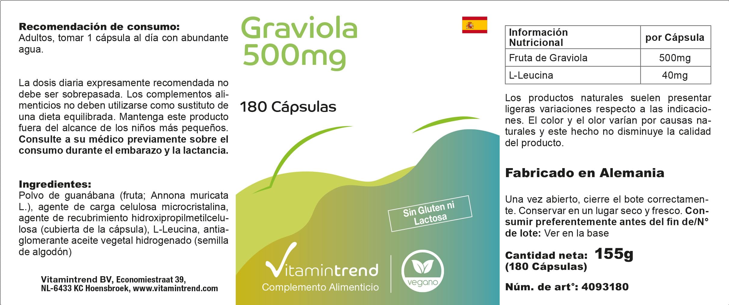 Vitamintrend Graviola hautement dosée 500 mg, 180 gélules, issue du fruit de graviola, annone épineuse, soursop, complément alimentaire végan sans additifs, fabriqué en Allemagne
