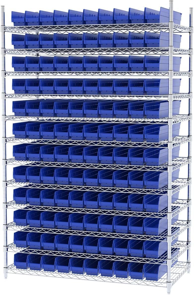 Akro-Mils 30124 Plastic Shelf Bins, Heavy Duty Storage Bins for Garage, Closet, and Drawer Organization, 24-Inch x 4-Inch x 4-Inch, Blue, 12-Pack
