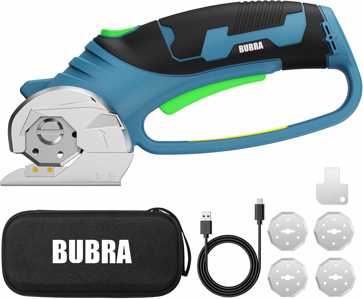 BUBRA Cordless Electric Sciss4V Cardboard Cutter, Rechargeable Electric Box Cutter Cuts up to 1/3", Includes 4 Blades,Safety Lock & LED Light (Blue)