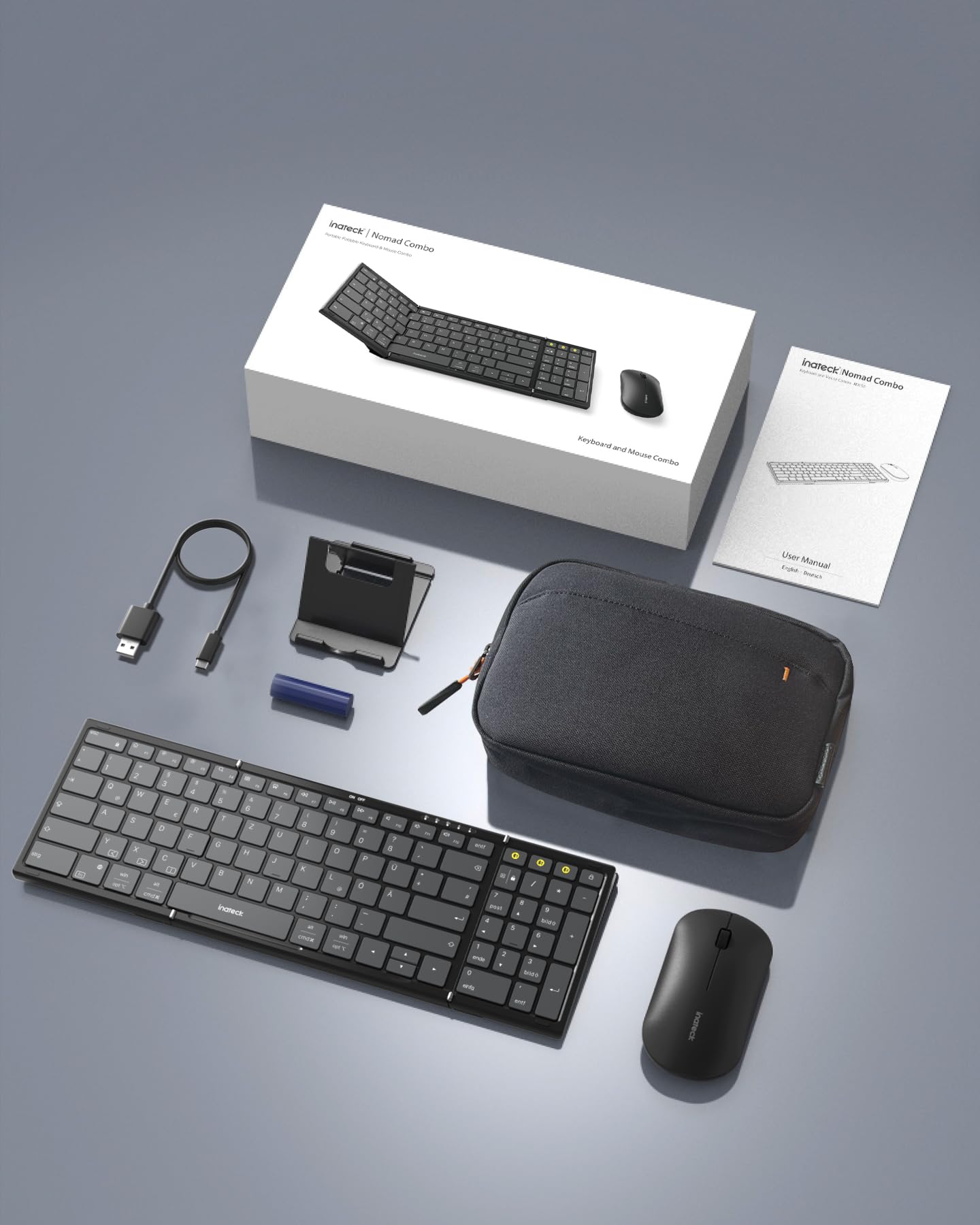 Inateck Faltbare Bluetooth 5.3 tragbare Tastatur und Tri-Mode-Maus-Set mit Numpad, verstellbarem Ständer, Tragetasche, kompatibel mit Tablets, Handys, Laptops, PCs (Windows/iOS/Android)