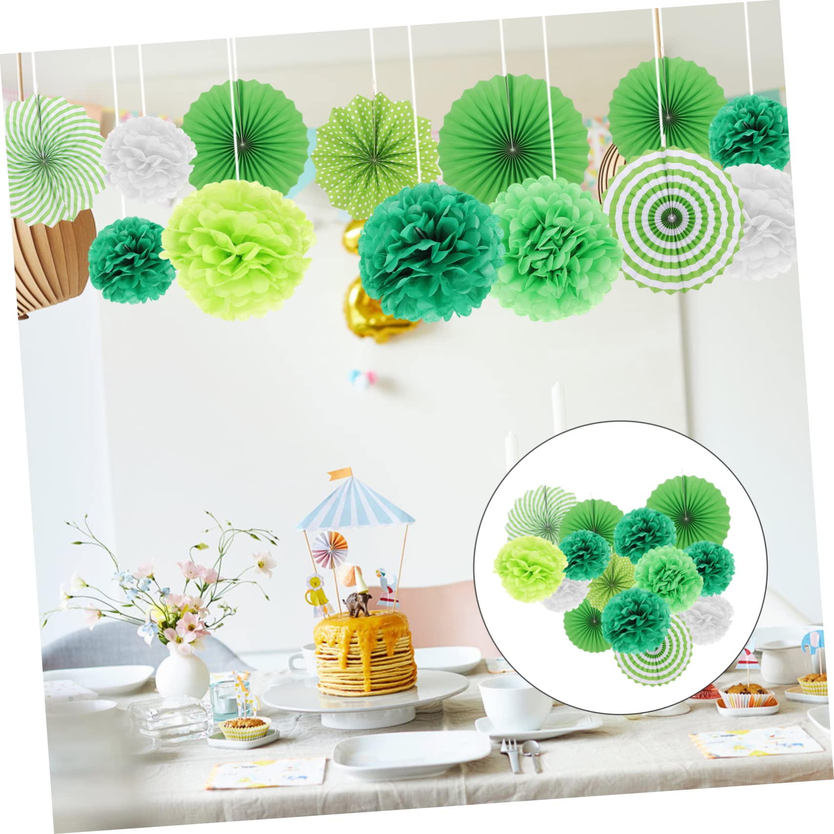ABOOFAN 4 Sätze Teiliges Party Deko Set Grün Papierfächer Und Pompons Kombination Vielseitige Hängedekoration Für Hochzeit Geburtstag Babyparty Decke Fenster Und 14 Stück * 4