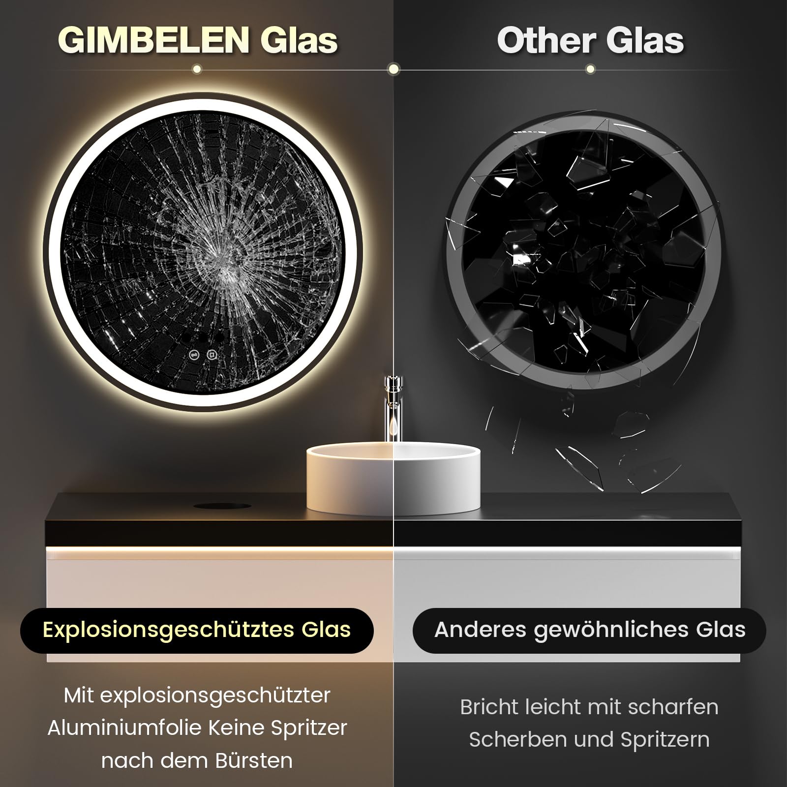 Runder Spiegel mit Beleuchtung, 50 cm, Badspiegel mit Beleuchtung, mit Touch-Schalter und Sicherheitsglas, 3 Lichtfarben Einstellbar, 3000 K / 4000 K / 6500 K