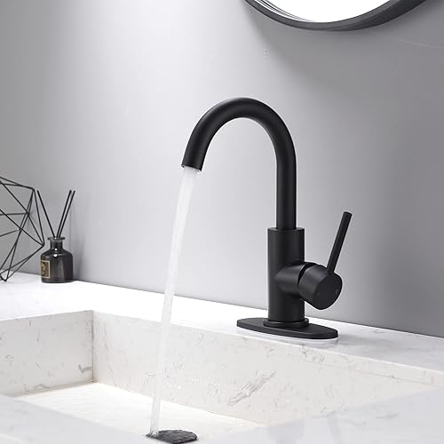 Miniatura 2 de Grifo de lavabo de baño de una sola manija color negro mate, grifo de fregadero de barra giratoria de 360 con placa de cubierta, juego central de 4