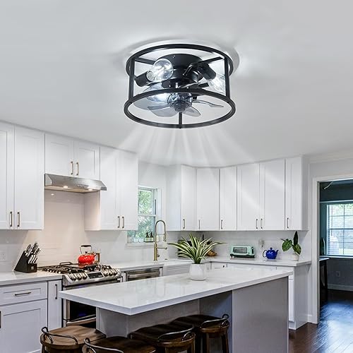 Miniatura 9 de Latinulu Ventiladores de techo de montaje empotrado con luces y control remoto, ventilador de techo negro de perfil bajo, ventilador de techo de