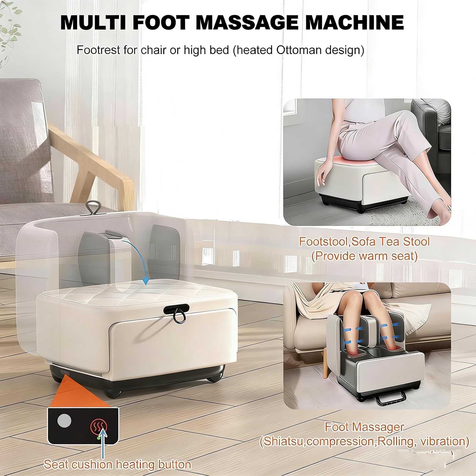 2 in 1 Fuß- und Wadenmassagegerät mit Ottomane, tiefes Kneten zur Schmerzlinderung & Durchblutung, Sohlenrolle, App-Steuerung, geeignet für die ganze Familie