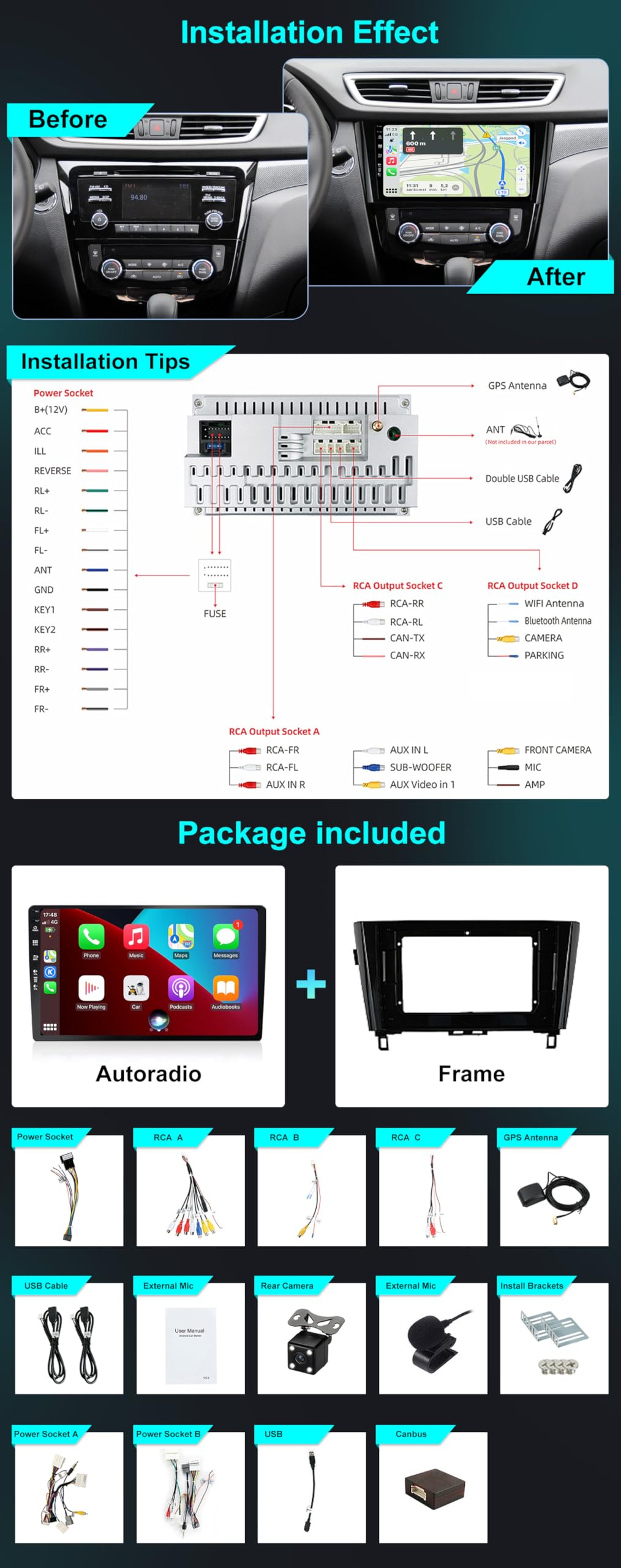 SXAUTO [6G+128G] Android 15 IPS Autoradio Per Nissan XTrail Qashqai j11 Rouge (2014-2018) - Senza fili CarPlay/Android Auto - Camera + MIC - DAB WIFI Fast-boot Volante 360-CAM - 2 Din 10.1 Pollici