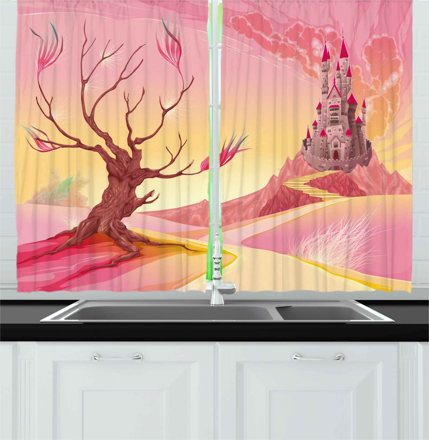 Ambesonne Fantasy Long Kitchen Curtains, Cartoon Castle on Valley and Tree Tale Girls Cartoon Design, 2 Panel Set Drapes with Rod Pocket Room Decor, 55