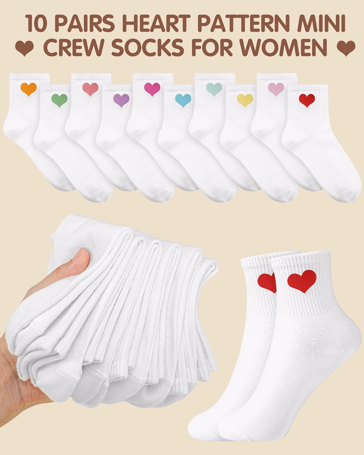 Shihanee 10 Pairs Heart Socks for Women Valentine Mini Crew Above Ankle Cotton Casual Socks for Valentine Gift - Image 3