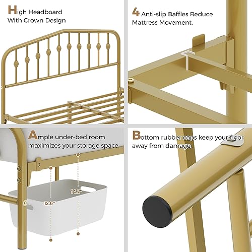 Miniatura 6 de Yaheetech Marco de cama Queen con plataforma de metal con cabecera de estilo victoriano, hierro forjado, fácil montaje, no necesita somier, cama