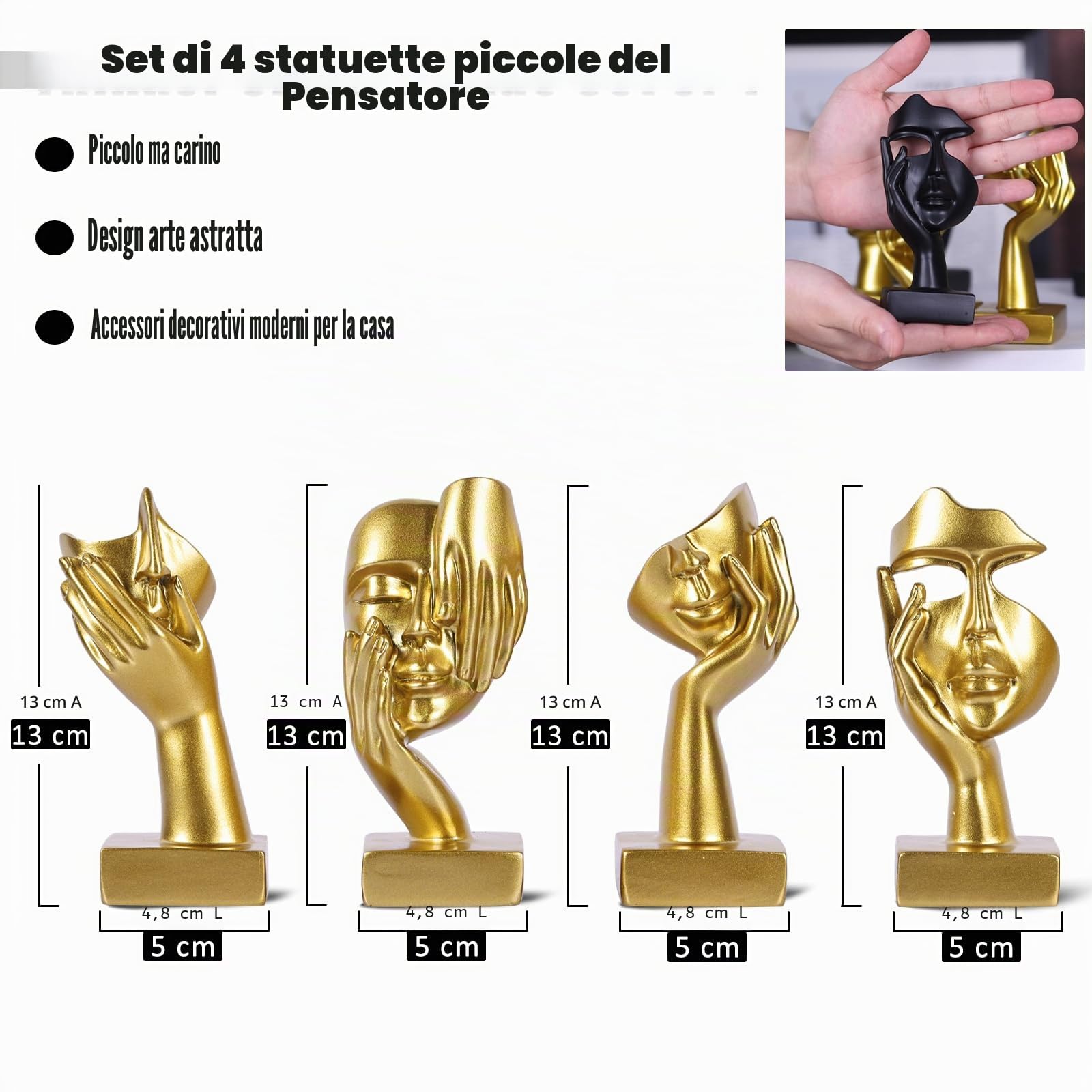 Set di 4 statuette dorate astratte, scultura moderna design per soggiorno, oggetti decorativi per casa, decorazioni libreria, statuette per scaffale, scrivania e tavolino (Oro)