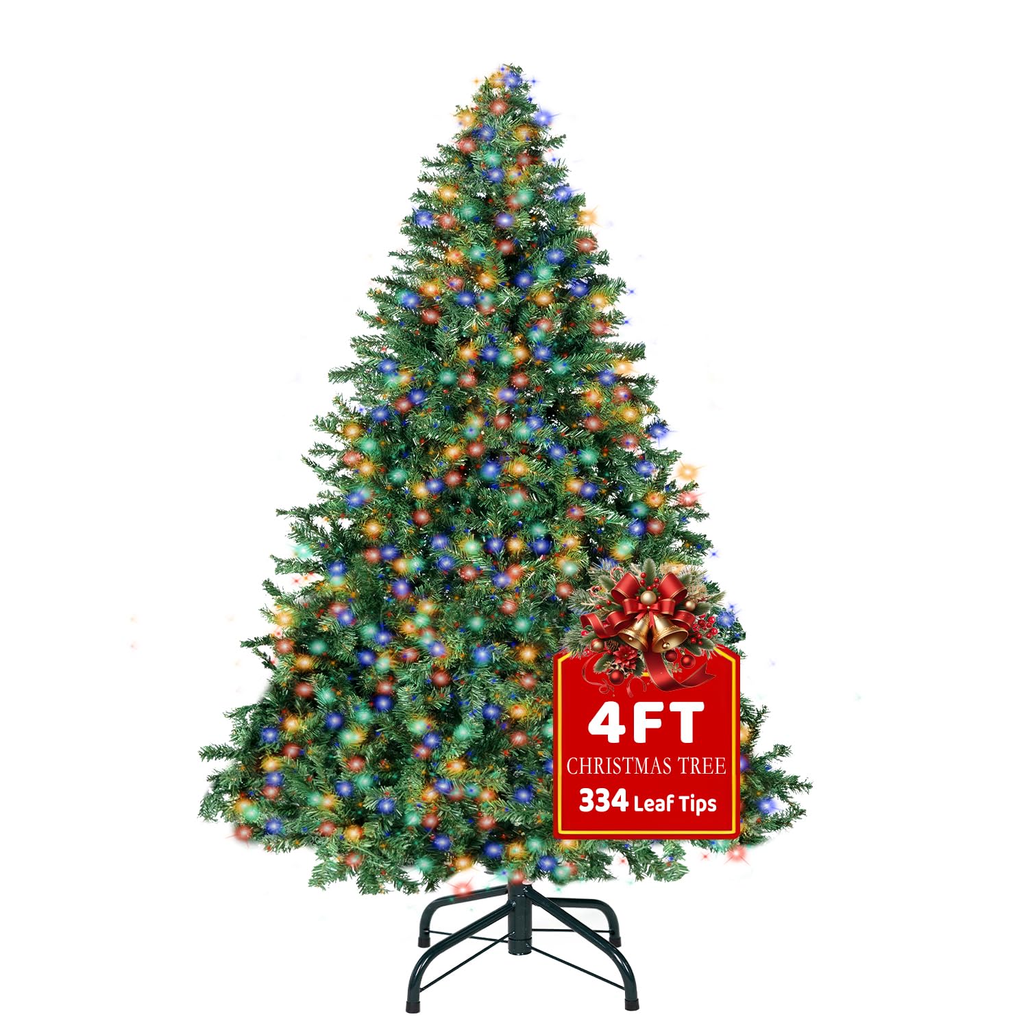 4FT Artificial Christmas Tree with 100 LED, Christmas Pine Tree with 334 Tips Lush, Foldable Metal Frame & Stand, Easy Assembly Pops Up Xmas Tree for Home Party, 120 x 80cm