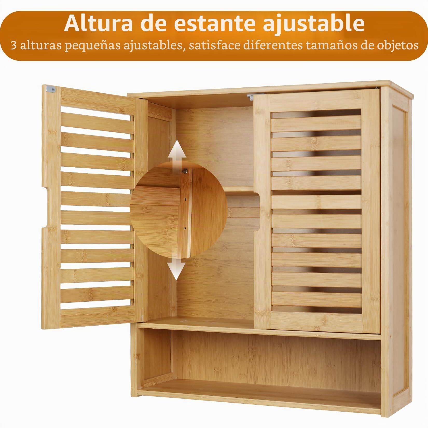 unho Armario de Baño de Bambú para Pared, Mueble Baño Colgar con Puerta con Cierre Magnético y Estante Ajustable, Organizador de Almacenamiento sobre Inodoro, 59x20.5x66.5cm, Madera Natural