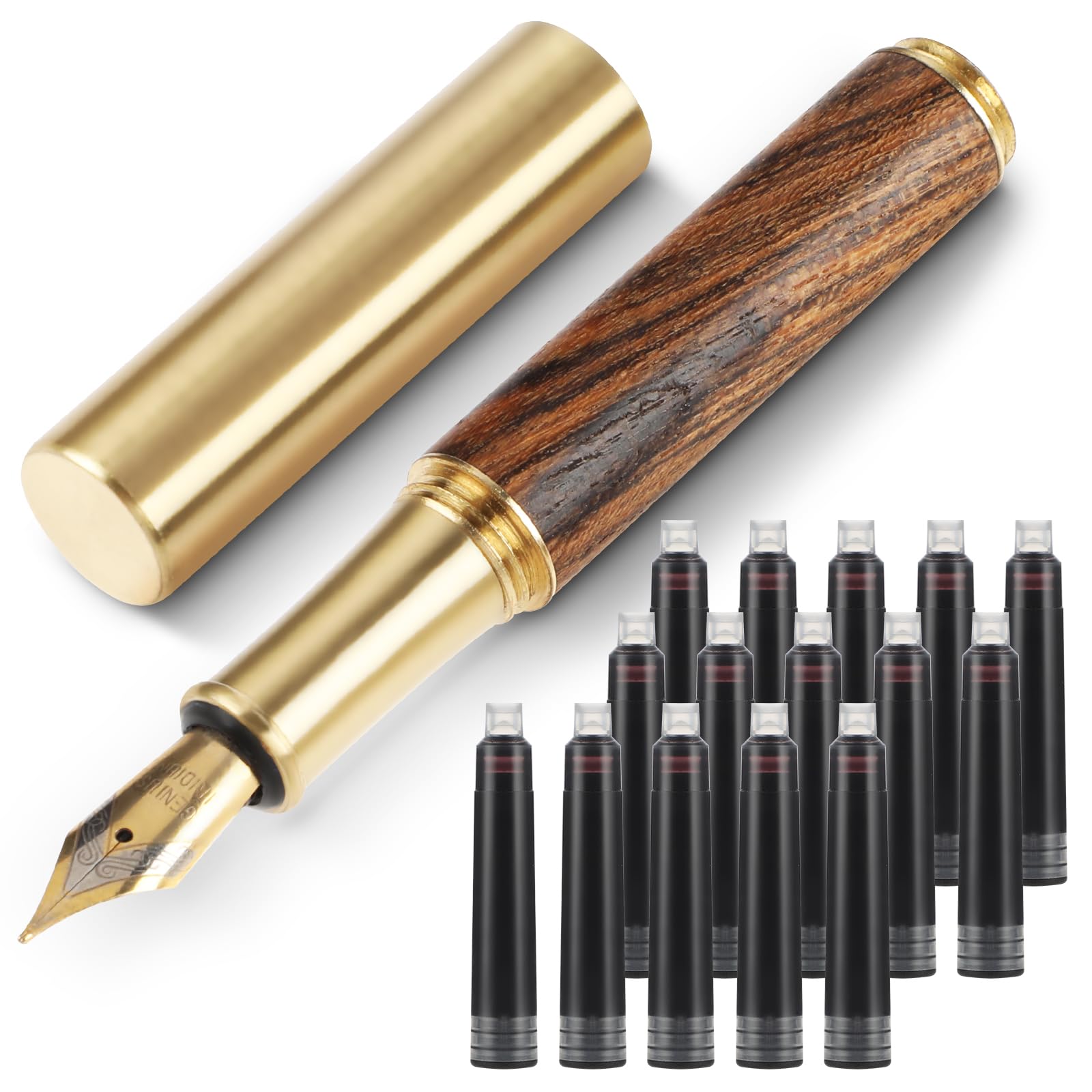 Handcrafted Wooden Fountain PenShort Paragraph (85mm) Pocket Mini Travel Fountain Pen Fancy Pens with 15 Pcs 2.6mm Black Ink Cartridges for Journaling Office School Supplies (Brown)