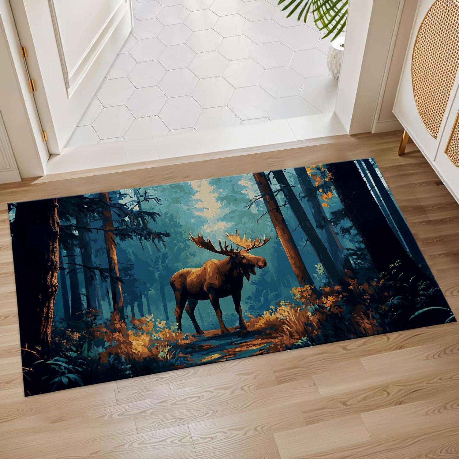 Moose Forest Indoor Door Mat, 17x29.5 Inch, Floor Area Rug for Entryway, Living Room, or Bathroom, Non-Slip Doormat, Rustic Woodland Wildlife Theme Design Home Decor Rug Gifts