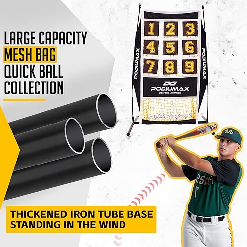 Miniatura 3 de PodiuMax Red de lanzamiento de béisbol y softbol, red de objetivo de 9 agujeros con zona de strike, sistema de recolección de pelotas grandes,