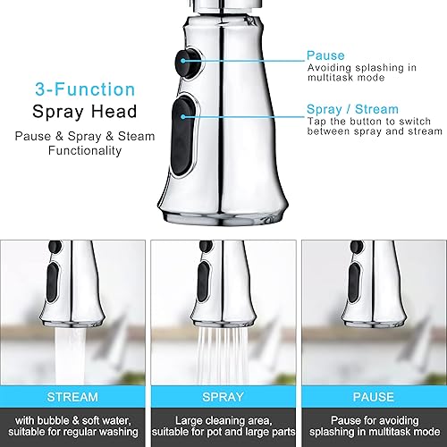 Miniatura 3 de SOKA - Grifo de fregadero de cocina de una sola manija, con rociador que se jala hacia abajo con 3 modos de funcionamiento flujo, espray y pausa.