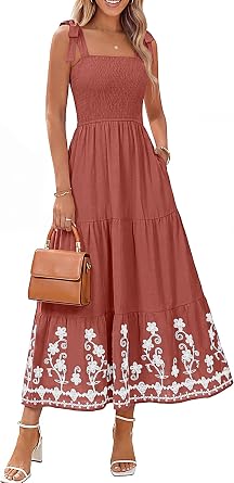 BerryGo Womens Summer Boho Maxi Dress Smocked Spaghetti Strap Embroidery Casual Beach Vacation Sundress with Pockets 2026