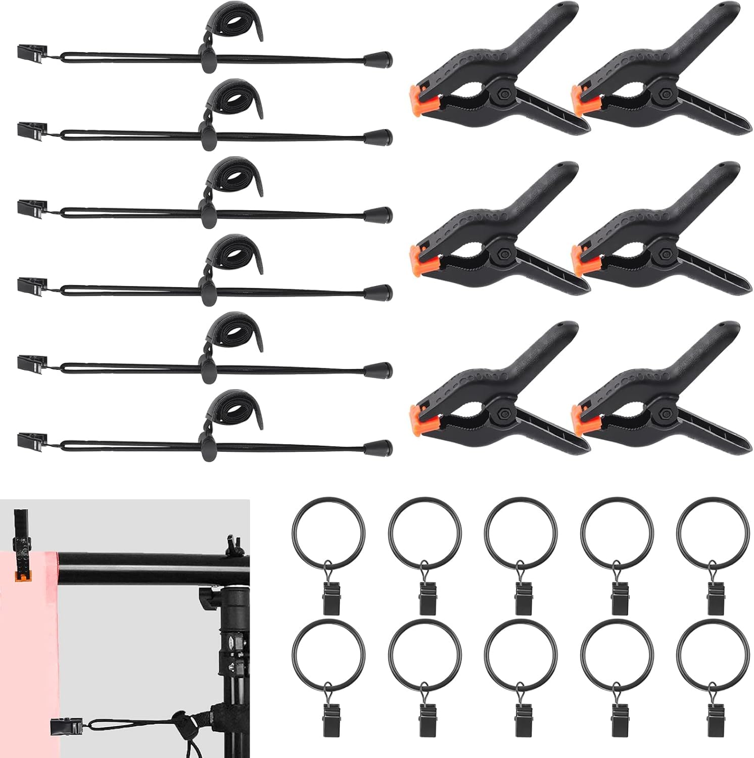 shopee 22pcs photography backdrop clips clamps assorments kit, 10pcs curtain rings with clip, 6pcs backdrop spring clamps and 6pcs leather background clips holder