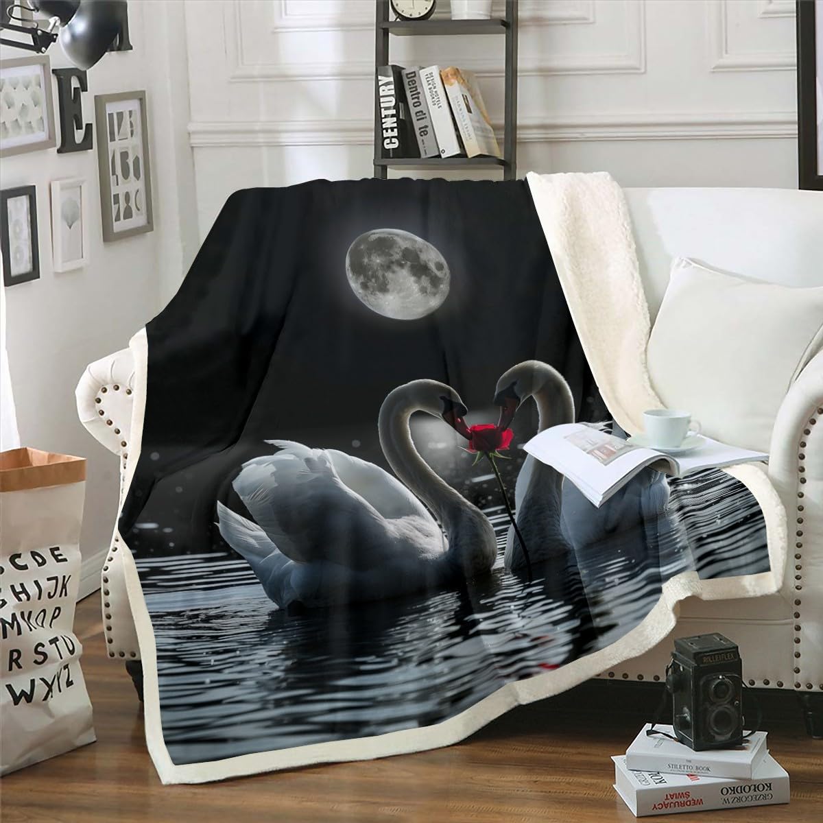 Erosebridal White Swan Blanket Red Rose Flower Throw Blanket Twin,Romantic Floral Fleece Blanket Birds Animal Sherpa Blanket Boho Moon Print Fuzzy Blanket for Boys Girls Bedroom Decor