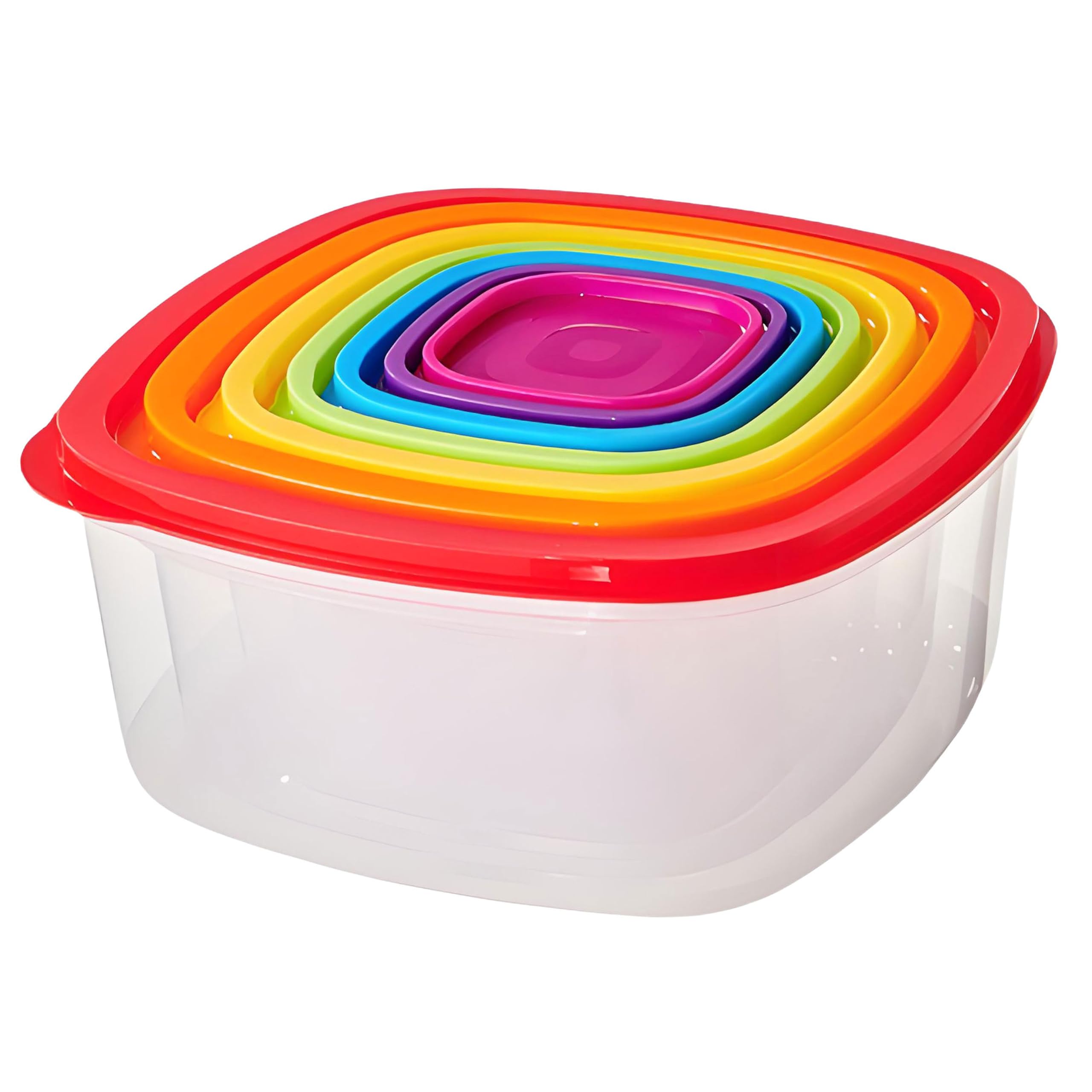 Arsuk Colour Coded Lids Square Food Storage Containers With Lids - Nesting Set Of 7 (220Ml-5.68L) - Bpa Free Meal Prep, Fridge, Freezer And Microwave Safe - Airtight Leak Proof Stackable Storage