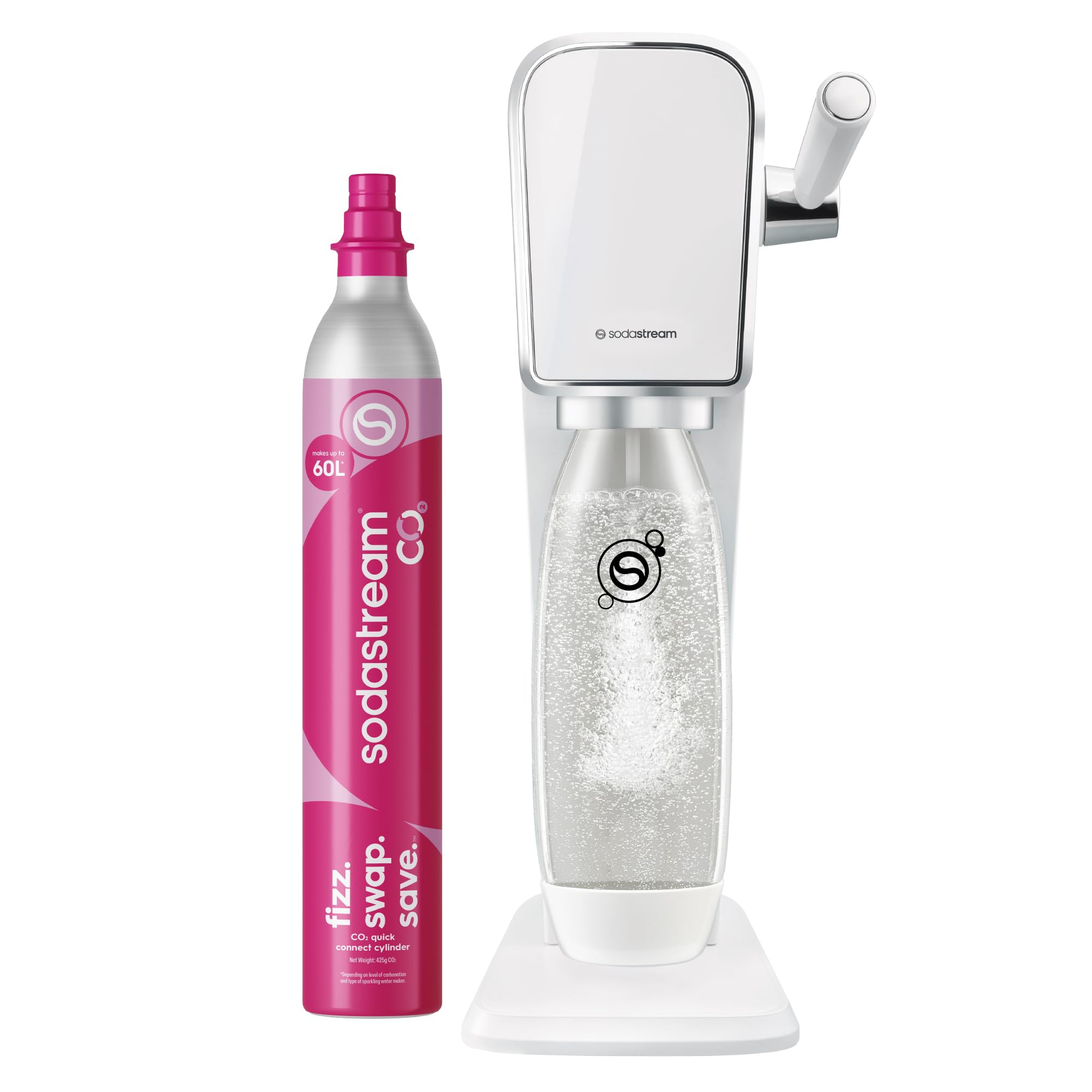 SodaStream ART Sparkling Water Maker, Soda Maker Starter Kit, Includes 1 Quick Connect 60L CO2 Gas Cylinder and 1 Dishwasher Safe BPA Free Bottle, Make your own Pepsi, White
