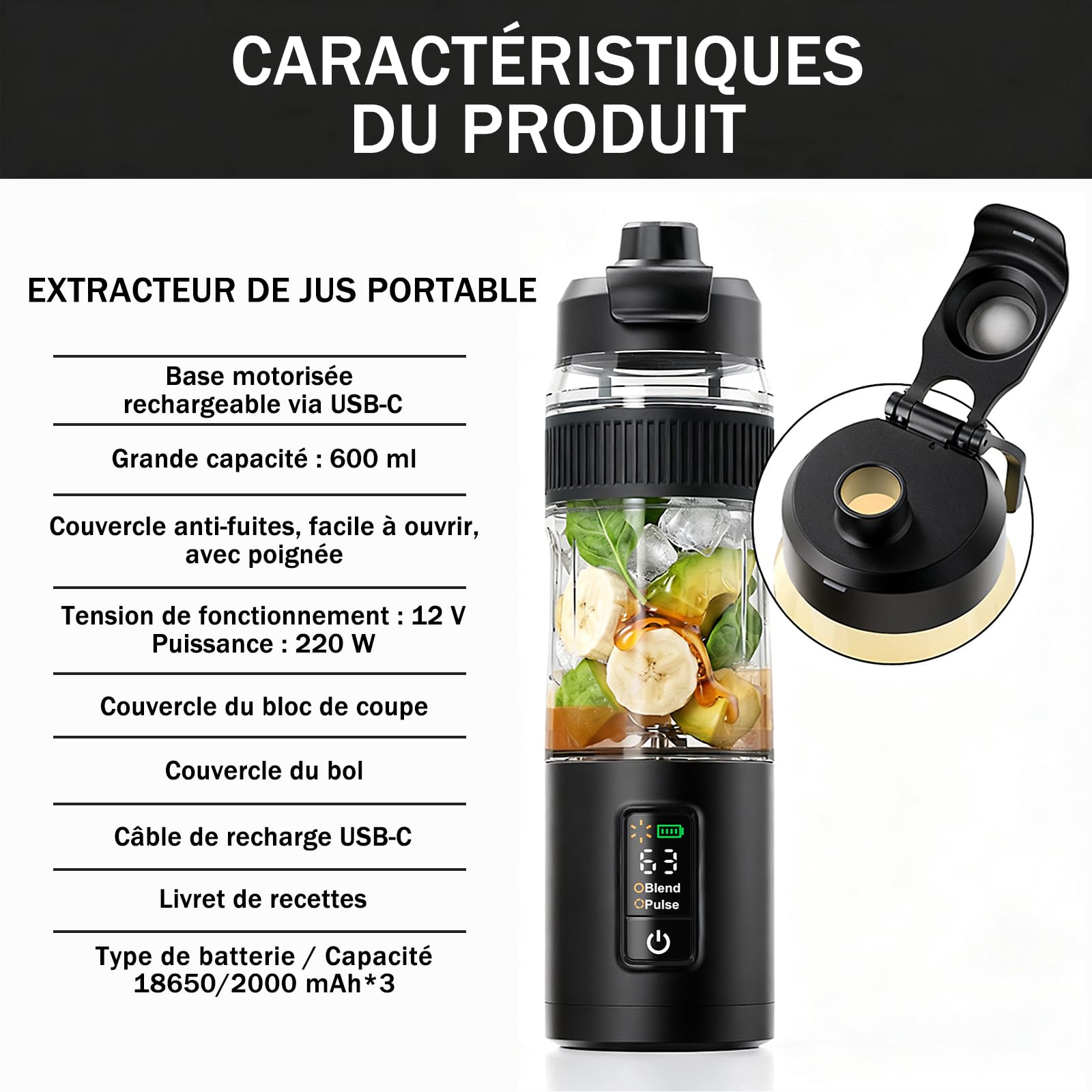 Blender portable,600ml,rechargeable,Broyage fruits et glaçons,compact | Bol mélangeur et couvercle anti-fuites, pour préparer des smoothies et des milkshakes, idéal pour les voyages et le sport