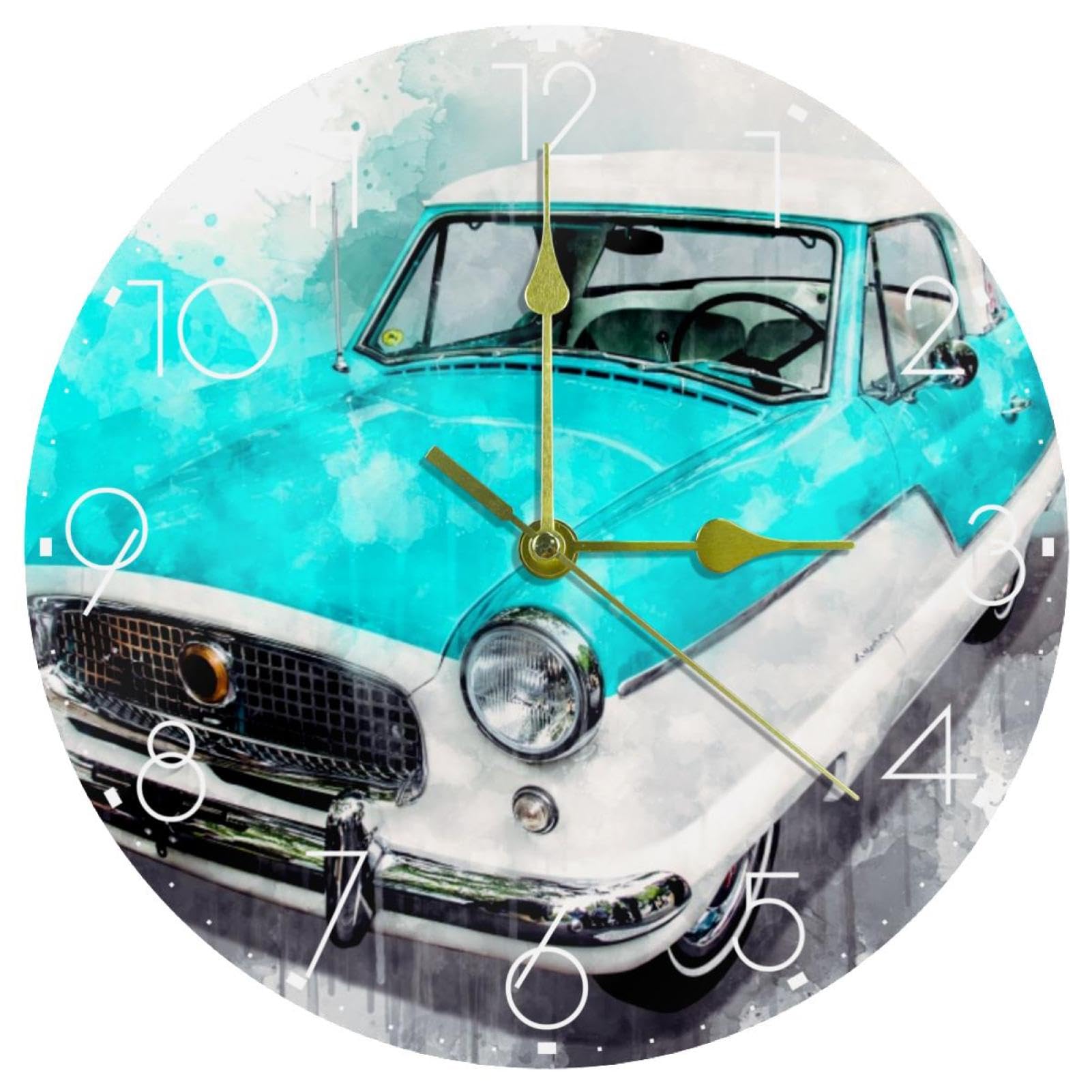 Horloge murale aquarelle voiture ronde en acrylique pour chambre d'enfant